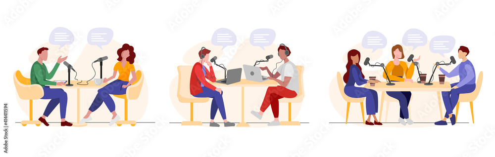 Live radio or podcasting. Podcasters recording audio or video podcast in the studio. Online show. Radio host speaking in microphone and interviewing guests. Vector illustration isolated on white Live radio or podcasting. Podcasters recording audio or video podcast in the studio. Online show. Radio host speaking in microphone and interviewing guests. Vector illustration isolated on white