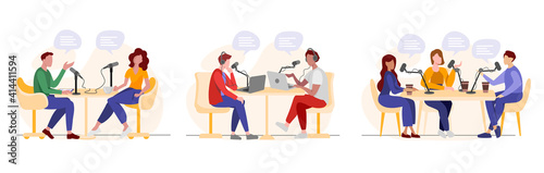Live radio or podcasting. Podcasters recording audio or video podcast in the studio. Online show. Radio host speaking in microphone and interviewing guests. Vector illustration isolated on white photo