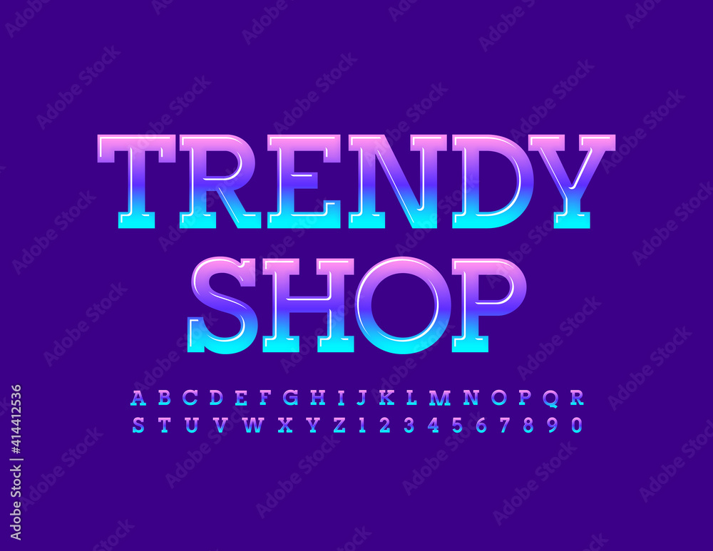 Vector bright logo Trendy Shop. Modern glossy Font. Bright gradient Alphabet Letters and Numbers set