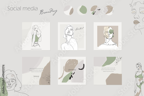 Instagram social media template. minimal story post feed background mockup for beauty. Continuous line woman face and body silhuette 