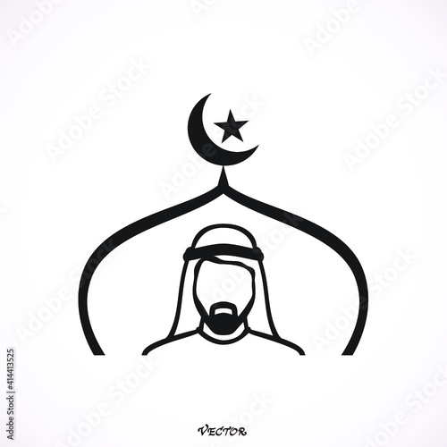 Traditionally clothed muslim man and woman  the backdrop of the mosque. Silhouette icon.