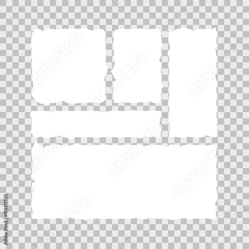 Realistic set of torn white paper on transparent background. Scrap edge sheet paper. Vector