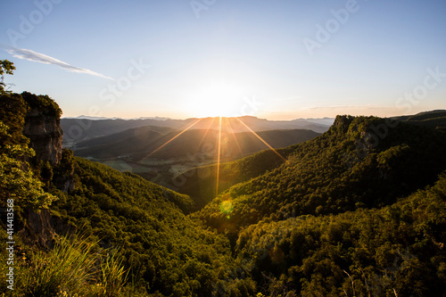 Spring sunrise in Salt De Coromina waterfall, La Garrotxa, Spain photo