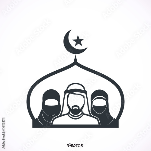 Traditionally clothed muslim man  the backdrop of the mosque. Silhouette icon.