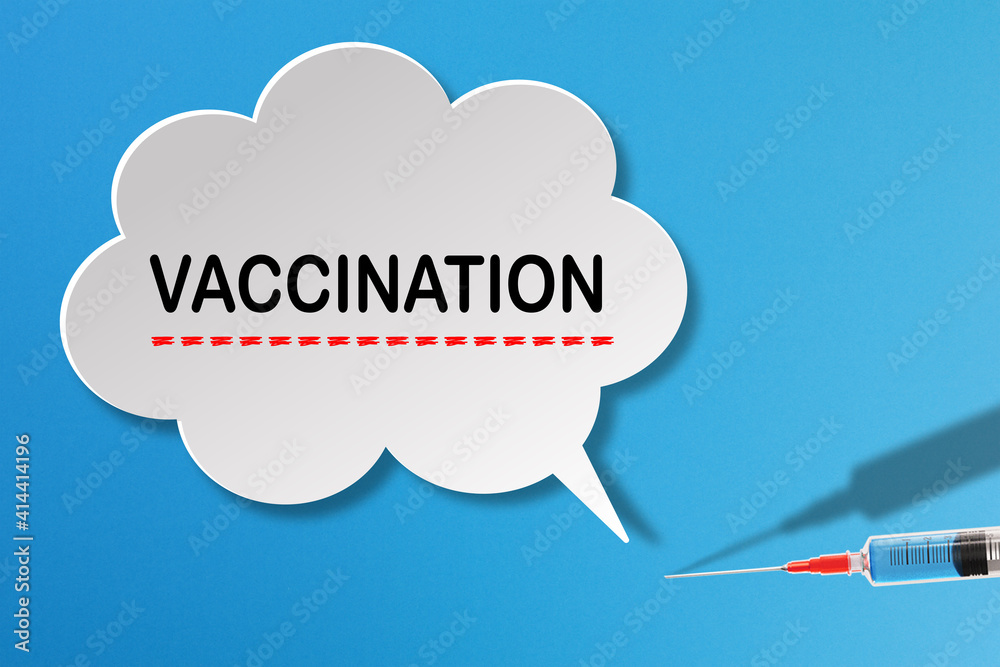 Vaccinaciton concept, speech bubble with syringe vaccine icon on blue background