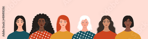Women diversity concept. Group of multiethnic female characters. Portraits of caucasian, asian, black girls standing together. International Women’s Day, 8 March, feminism. Isolated flat vector