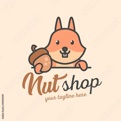 A cute squirrel holds a nut. Nut shop logo or mascot. Cute wild animal.