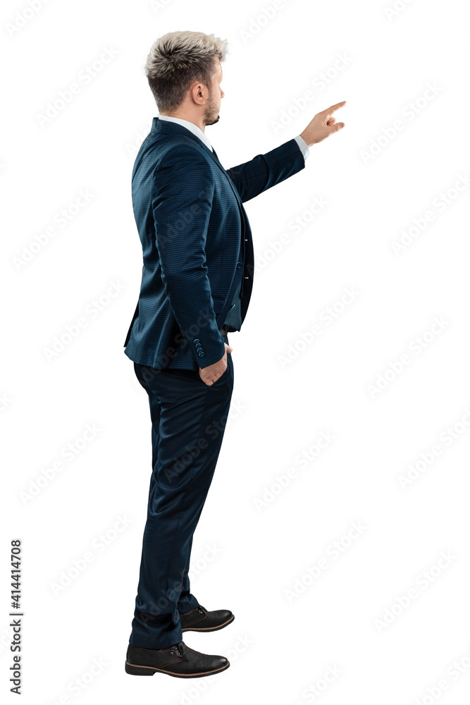 A man in a business suit, the businessman shows his hand forward. Isolated on a white background. A man in a business suit, the businessman shows his hand forward. Isolated on a white background.