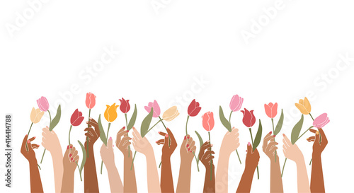 Vector illustration female hands holding flowers isolated on a white background.Elegant floral poster with tulips.Happy international women's day.