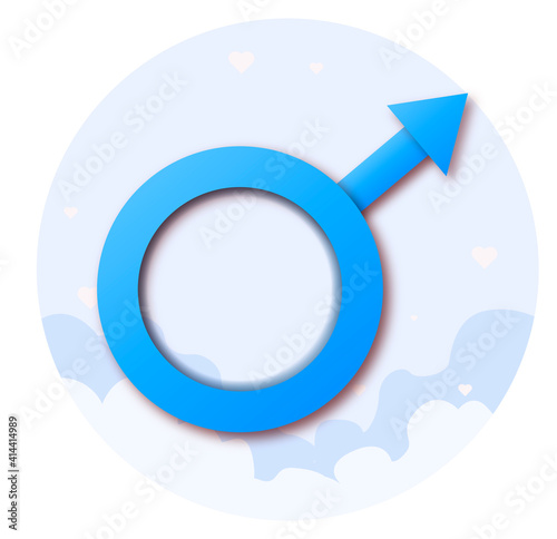 Male gender sign on blue background. Relationship between men and women. Creative 3D paper art. Vector Illustration