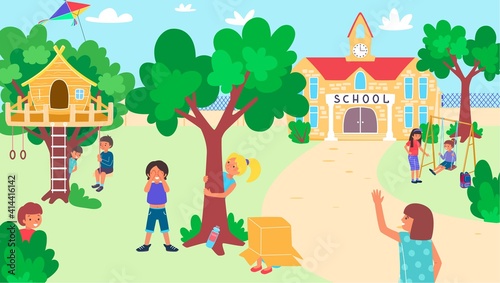Kids play at school yard, happy childhood, useful activity, outdoor recreation, large playground, flat style vector illustration. Joyful girls, boys play hide and seek, schoolchildren friends have fun