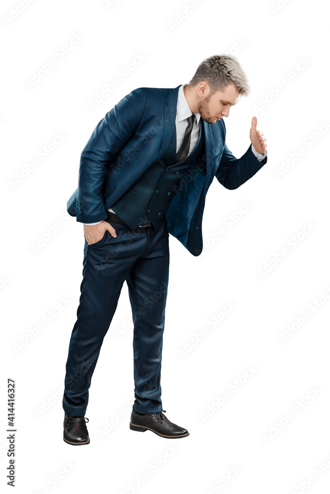 A man in a business suit, a businessman looks down. Isolated on a white background. A man in a business suit, a businessman looks down. Isolated on a white background.
