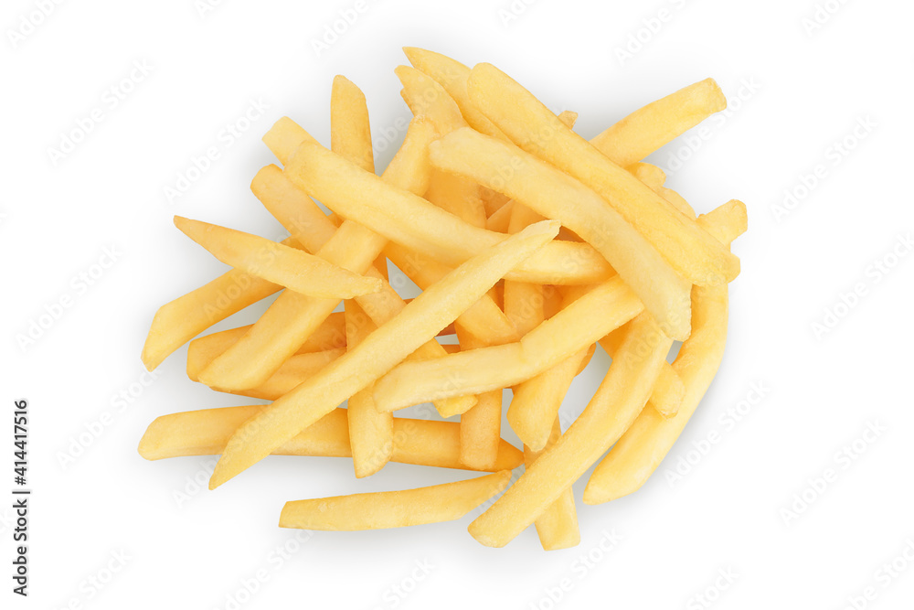 French fries or fried potatoes isolated on white background with clipping path and full depth of field. Top view. Flat lay French fries or fried potatoes isolated on white background with clipping path and full depth of field. Top view. Flat lay