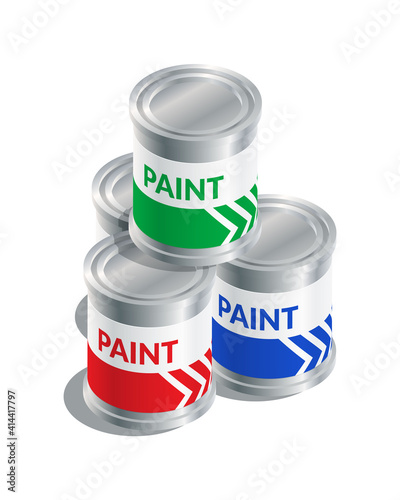 Isometric vector illustration red, green and blue paint buckets isolated on white background. Realistic RGB colors paint cans icon in flat cartoon style. Tin buckets with paint for renovation.