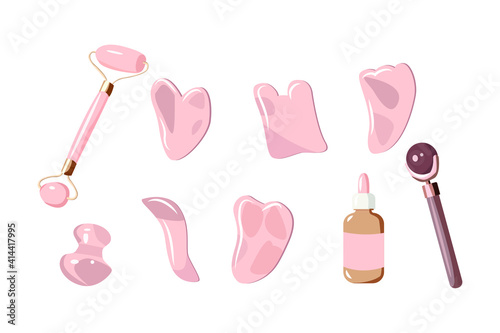 A set of elements for performing cosmetic massage gua sha at home. Vector flat cartoon illustration Isolated on white background. Skin care, beauty concept. 