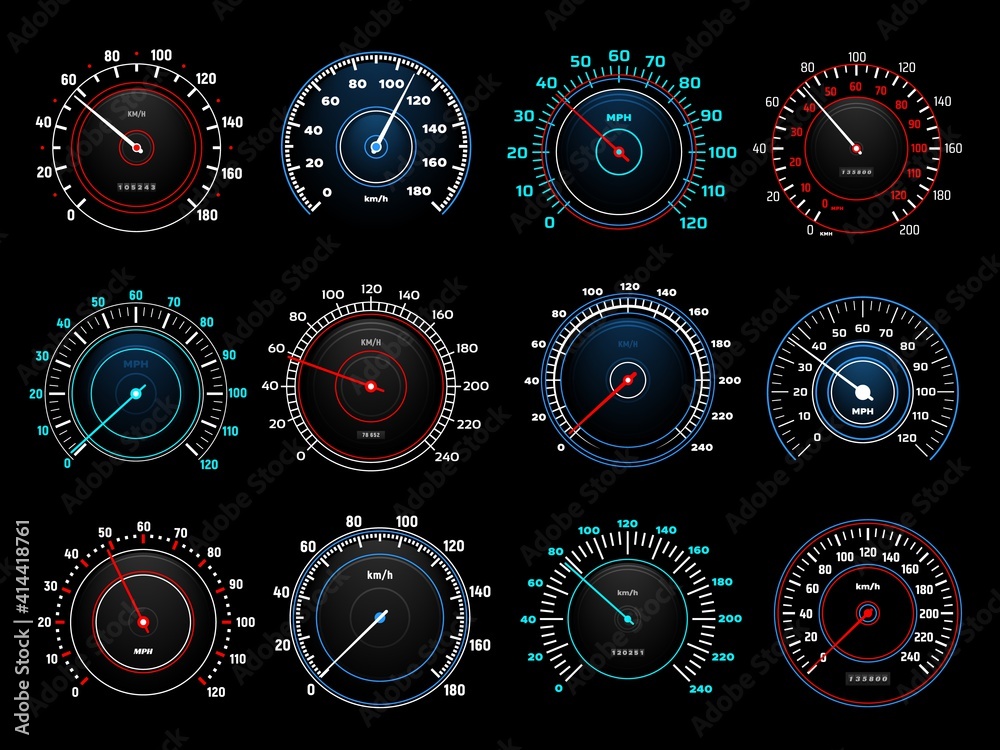 Car dashboard speedometer round indicators with glowing neon light ...