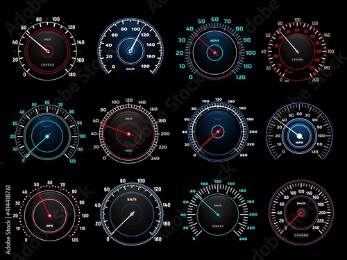 Car dashboard speedometer round indicators with glowing neon light kilometers and miles per hour scales and arrow. Modern automobile analog or digital speed and distance counters set