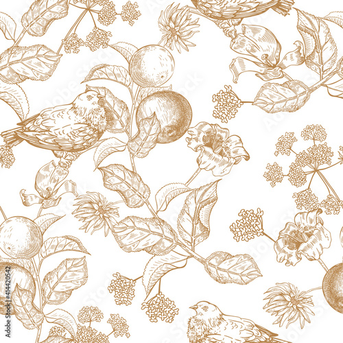 Seamless pattern with apples, flowers and birds. Doves.