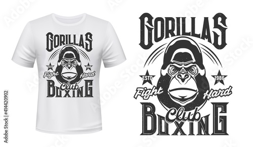 Gorilla print t-shirt mockup, boxing fight club vector emblem. Angry gorilla monkey mascot of box or kickboxing fighting club with Fight Hard slogan for t shirt print