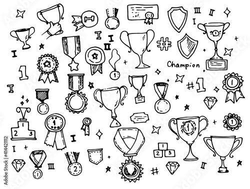 vector set of isolated elements medals and orders with cups hand drawn in doodle style black outline on white background for design template