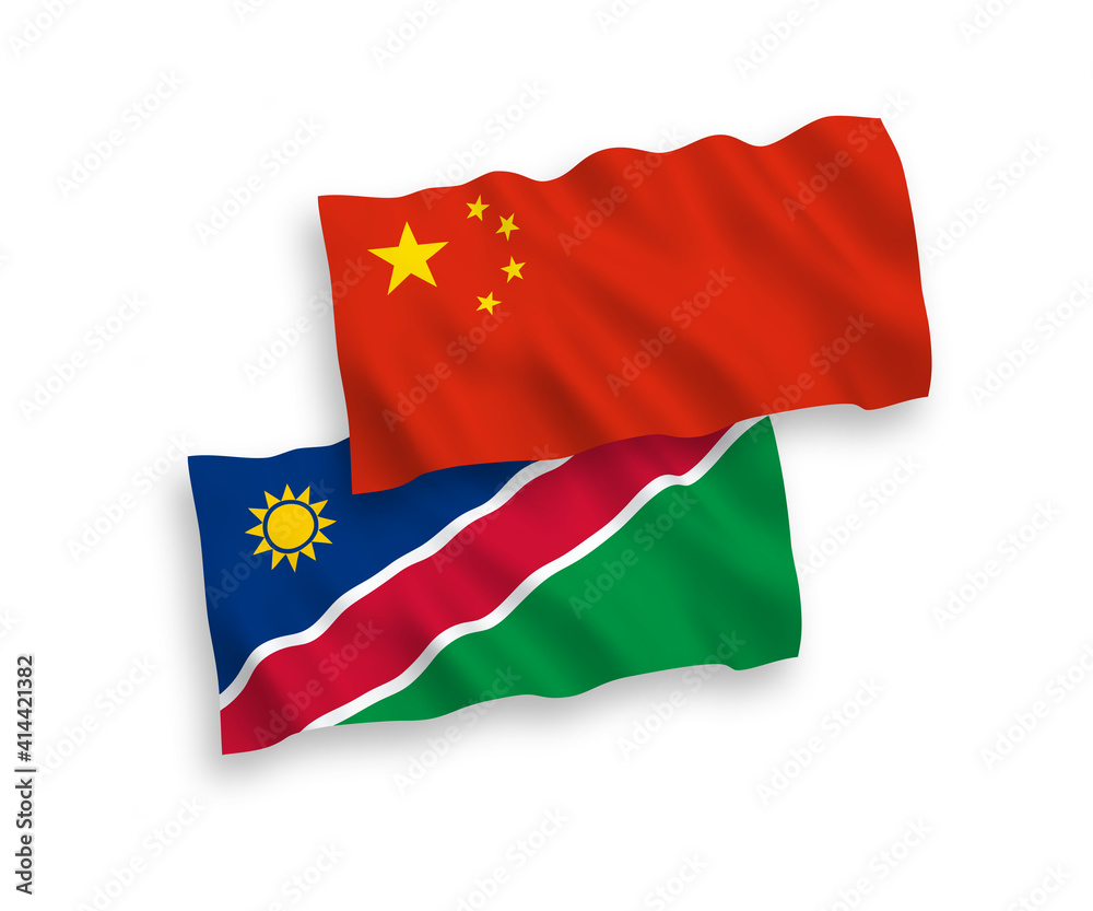 National vector fabric wave flags of Republic of Namibia and China isolated on white background 1 to 2 proportion. National vector fabric wave flags of Republic of Namibia and China isolated on white background 1 to 2 proportion.