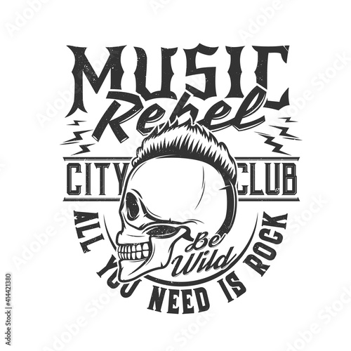 Tshirt print skull with punk hairstyle mascot for apparel vector design. T shirt print for hard rock city club with typography rebel music. Emblem for rock concert and heavy metal band festival label