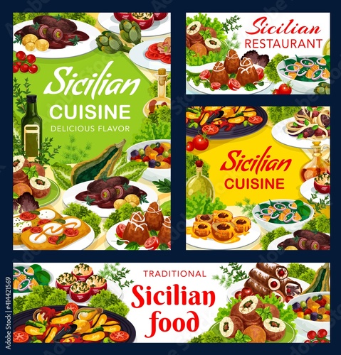 Sicilian restaurant food vector arancini, stuffed tomatoes, cannoli and caponata, chops with pesto sauce, arancini with meat stuffing and rolls of beef. Pasta alla norma, baked peaches and mussels