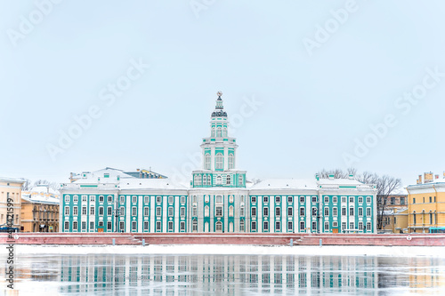 Panorama of the city  frozen Neva and view of the Kunstkamera in St. Petersburg  winter landscape