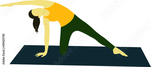 Vector illustration of a woman doing sports pilates gymnastic on mat making strength mermaid mobility exercise with stretching with no special equipment with no background 