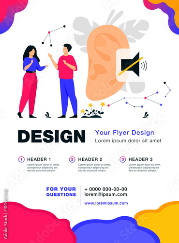 Couple of deaf people talking with hand gestures, huge ear and mute sign in background. Vector illustration for hearing loss, communication, sign language concept