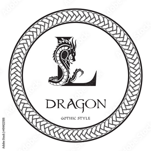 Dragon silhouette inside capital letter L. Elegant Gothic Dragon Logo with tattoo element. Heraldic symbol beast ancient mythology for logotype, emblem, monogram, icon, business card, brand name.