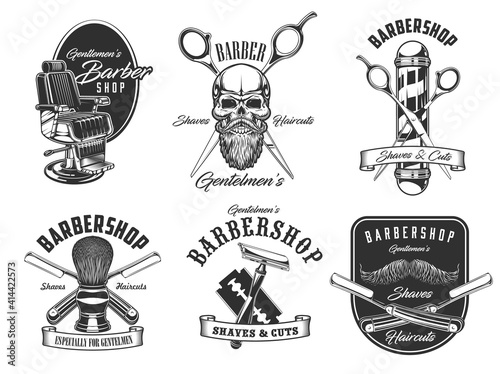 Barbershop, shaves and haircut salon icons. Vector barbershop pole, hipster skull with beard and mustaches, straight razor, hairdresser chair, scissors and shaving brush. Monochrome icons and symbols