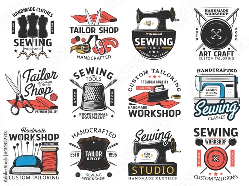 Tailor shop, sewing studio and workshop retro icons. Custom tailoring workshop, sewing classes and equipment shop emblem. Scissors, needles and thimble, pins, button and dress form, coal iron vector