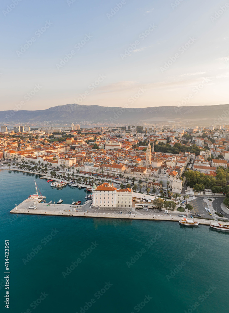 Aerial drone shot of Split old town Diocletian Palace in sunrise in Croatia