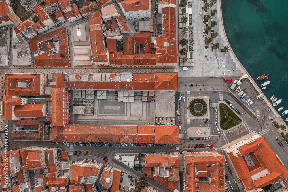 Aerial overhead view of republic square in monring in Split old town in Croatia Dalmatia
