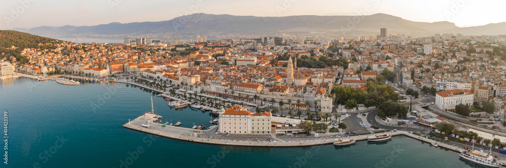 Aerial panoramic view of Diocletian Palace in Split old town during sunrise in Croatia