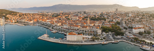 Aerial panoramic view of Diocletian Palace in Split old town during sunrise in Croatia