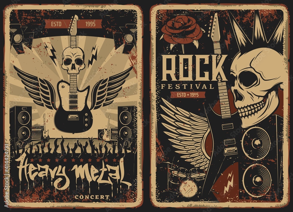 Hard rock concert retro posters with vector skull and electric guitar. Punk  band music festival show