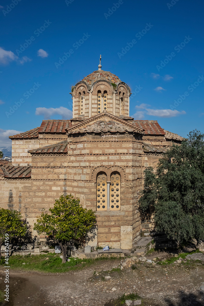 Church of Holy Apostles (Holy Apostles of Solaki, X century), located in Ancient Agora of Athens. Agora of Athens - archaeological site located beneath northwest slope of Acropolis. Athens, Greece.