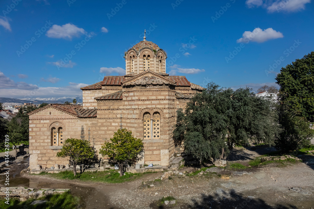Church of Holy Apostles (Holy Apostles of Solaki, X century), located in Ancient Agora of Athens. Agora of Athens - archaeological site located beneath northwest slope of Acropolis. Athens, Greece.
