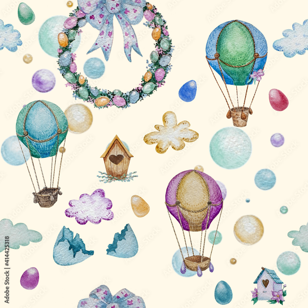 Fototapeta Watercolor spring illustration of cute Easter eggs, balloons, birdhouses, a wreath. Egg Cartoon Animal Seamless Pink Pattern