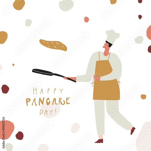 Male cook with frying pan and pancake. Happy pancake day handwritten text. Vector template for postcard sticker print poster