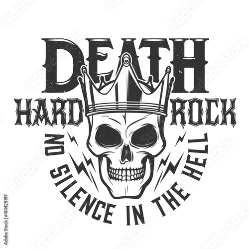 Tshirt print with skull in crown and bolts of lightning, vector mascot for hard rock band apparel design. T shirt print with typography, emblem for music concert and heavy metal club or festival label