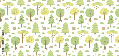 Woodland landscape with trees, shrubs, seamless pattern, on a white background. Hand drawn vector illustration. Scandinavian style flat design. Concept for kids woodland textile, wallpaper, packaging.