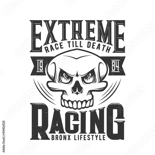 Car races hotrod or hot rod skull, t shirt print, vector wheels sport tee apparel. Car racing or dragster motor rally and extreme speed drive and biker club icon, skull with fire flames in eyes