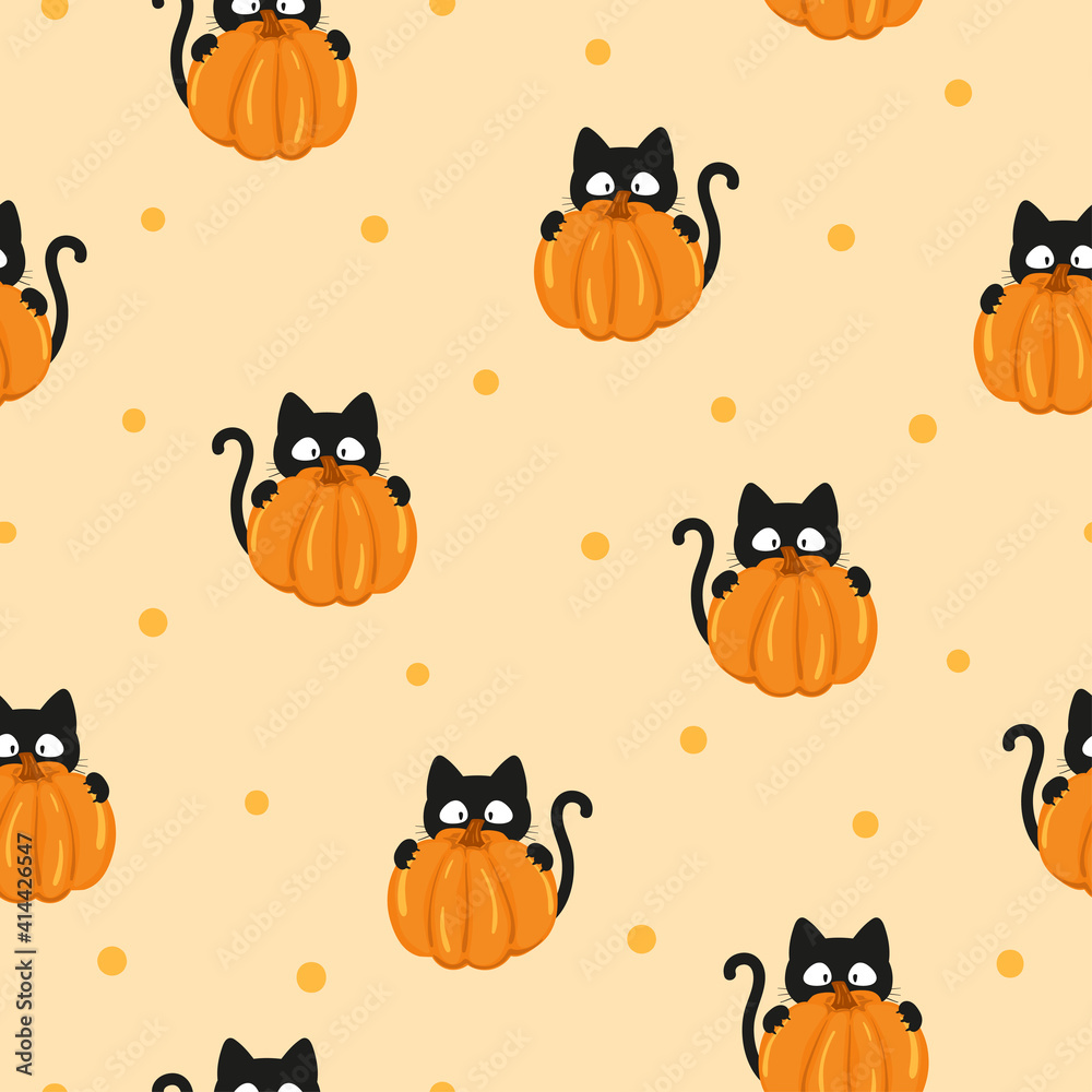 Halloween pattern with funny black cats and pumpkins.