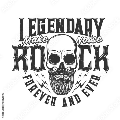 Tshirt print with bearded skull, vector mascot for music band apparel design. T shirt print for hard rock club with typography forever and ever. Mustached cranium, emblem for heavy metal festival