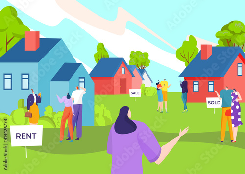 People selection property, real estate sale and purchase company, house investment, design cartoon style vector illustration. Mortgage for buying building, family chooses home, affordable rental price