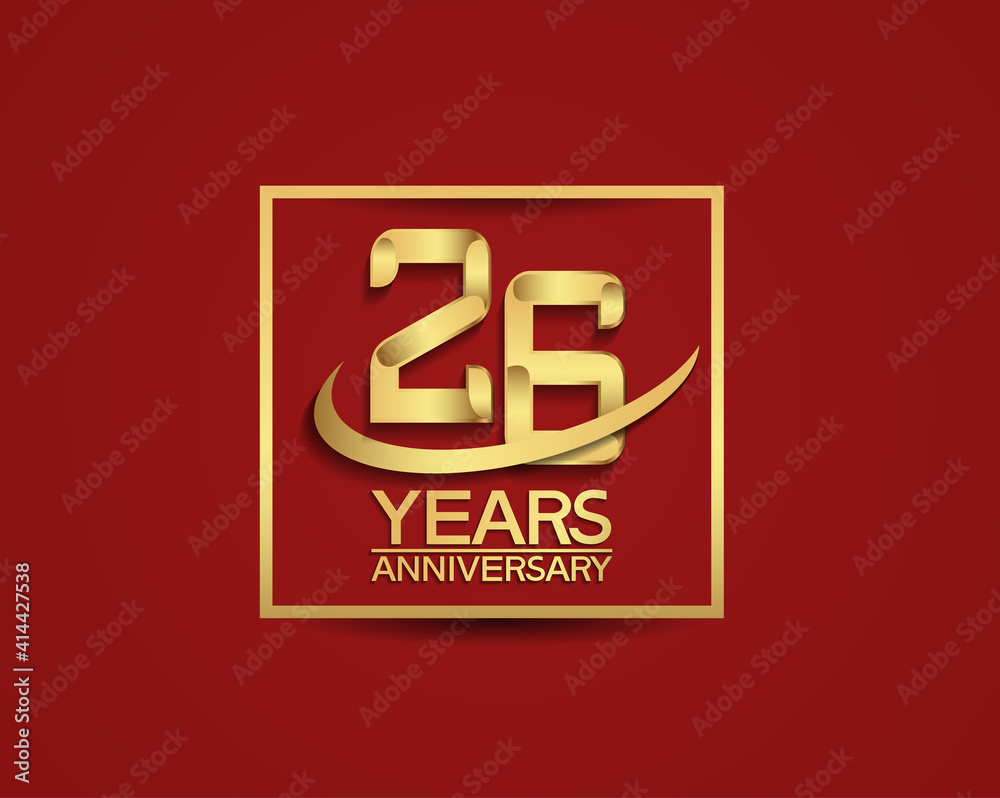 26 years anniversary with square and swoosh golden color isolated on red background can be use for special celebration moment 26 years anniversary with square and swoosh golden color isolated on red background can be use for special celebration moment