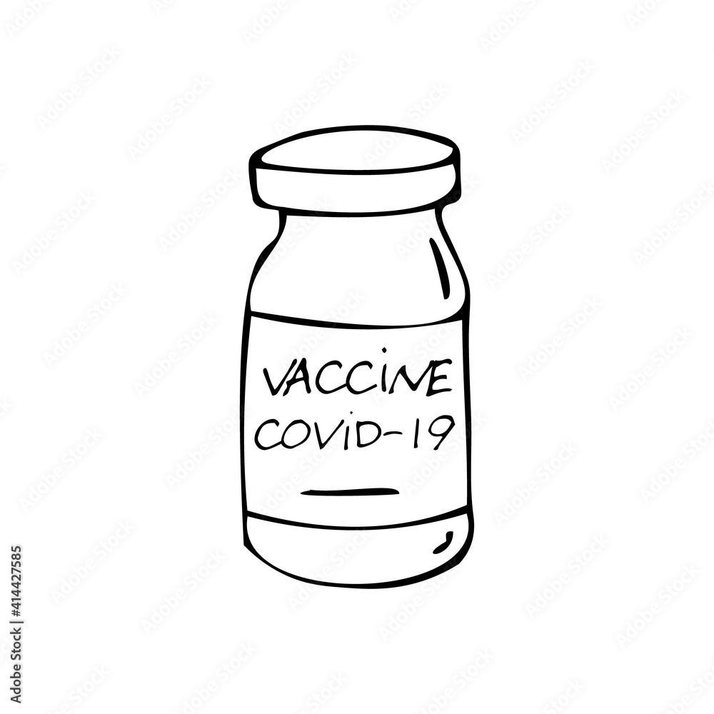 Covid-19 corona virusvaccination with vaccine bottle. Doodle vector illustration, simple cartoon line art. Covid-19 corona virusvaccination with vaccine bottle. Doodle vector illustration, simple cartoon line art.